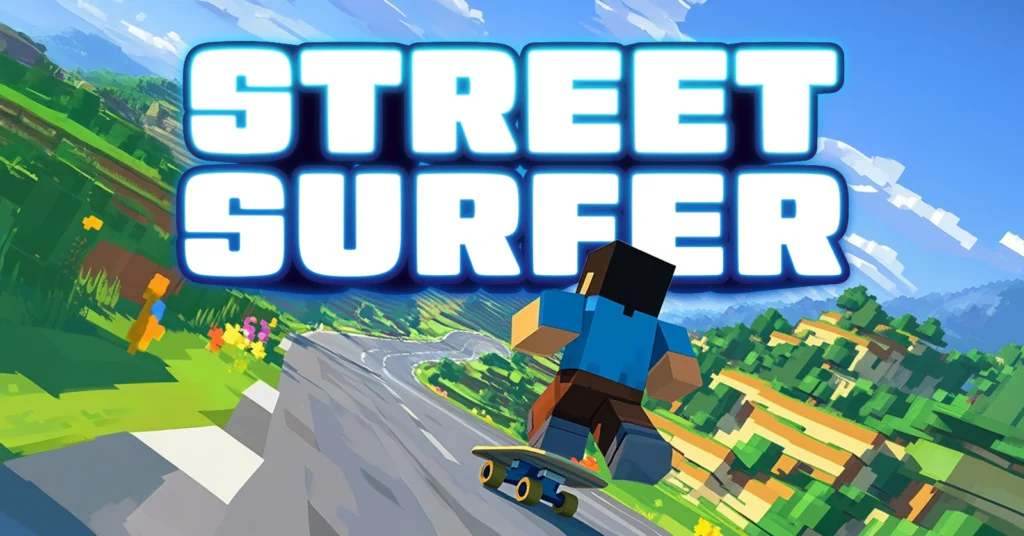 Street Surfer game banner showing a pixelated character skateboarding through scenic hills. This is Exscape’s enhanced version of endless runner games, designed for players in Ethiopia, Tunisia, Ivory Coast, and Kuwait.