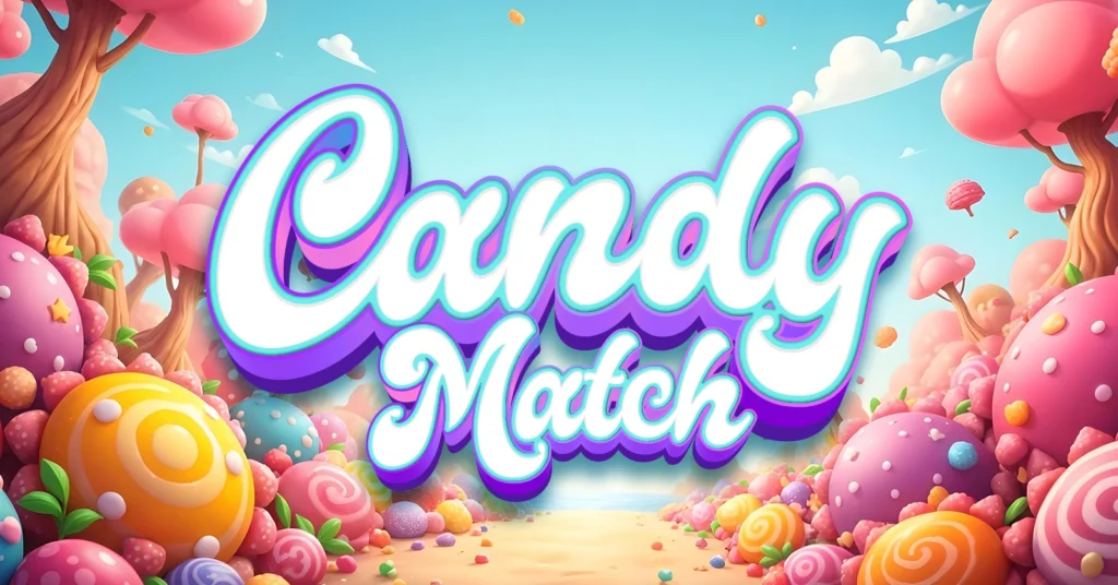  Candy Match game banner with vibrant candy landscapes and bold lettering. This strategic match-3 game is featured on the Exscape platform, offering rewards and fun gameplay.